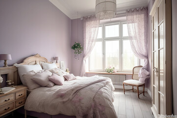 Interior of a luxurious bedroom in the style of Provence, pink and purple tones.