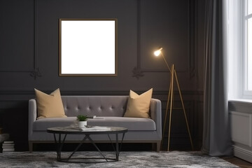 Modern home interior in dark colors with sofa and lamp. Mockup frame.
