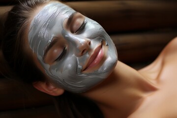 Close-up of womans smiling face with wellness cream mask. Spa health care concept