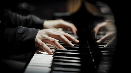 Pianist male hands playing music on piano keys. - obrazy, fototapety, plakaty