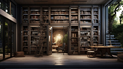 A visualization of a home library with built-in bookshelves and a hidden door.