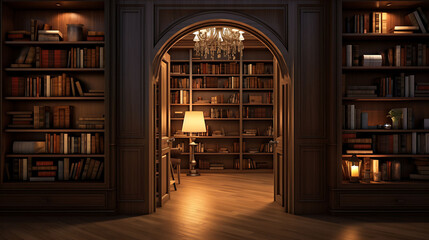 A visualization of a home library with built-in bookshelves and a hidden door.