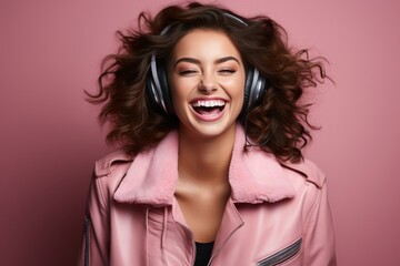 Obraz na płótnie Canvas Happy girl in pink clothes smiling and listening to music on headphones in pink studio