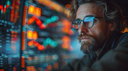 A finance trade manager analyzes stock market indicators to develop the best investment strategy, using financial data and charts