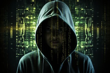 Hooded hacker controlling matrix of numbers - cybersecurity and technology virus concept
