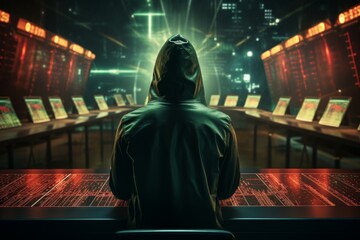 Russian hacker in hood with computer screen and matrix of numbers. Hacking and technology concept