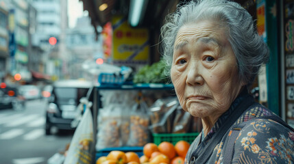 An older Asian woman at a market buying vegetables and fruit