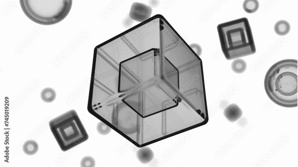 Poster abstract monochrome 3d cubes and bubbles. design. geometric background with flying and rotating shap