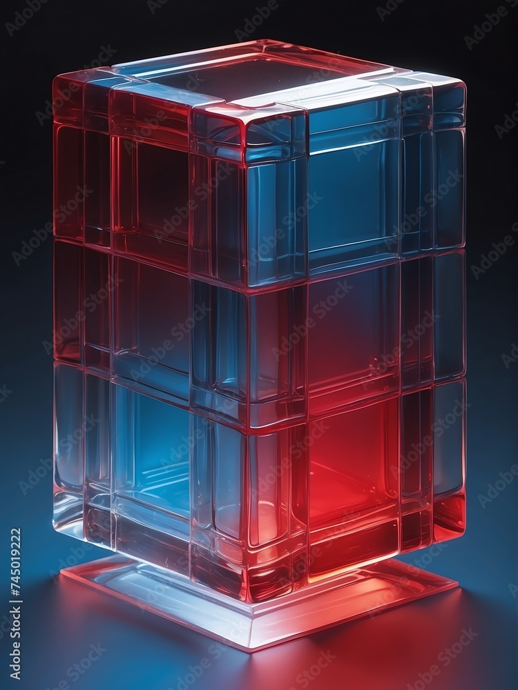 Poster abstract translucent squared glass with red and blue gradient from generative ai