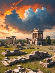 Obraz premium Ancient rubles and ruins with orange clouds on the sky background from Generative AI