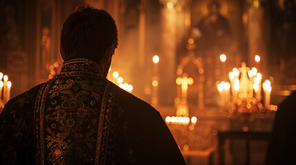 An orthodox priest or monk before the althar in an orthodox church