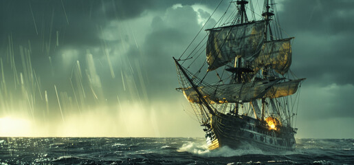 A majestic 17th century sailing ship on a stormy ocean in the evening