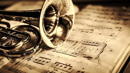 Foto op Plexiglas Closeup of a french horn over music sheets. Classical music concept. © Adrian Grosu