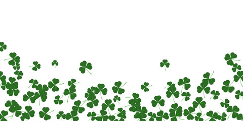 Composition for St. Patricks Day poster template. Clover leaves are arranged randomly bottom. Concept holiday. For invitation greeting card social media post or flyer. Vector illustration.