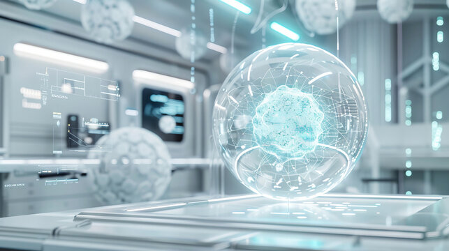 Data and energy glowing globe inside a white futuristic high tech laboratory. Artificial intelligence and advanced technology concept.
