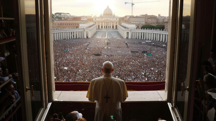 The pope standing before a big people crowd, backview - obrazy, fototapety, plakaty