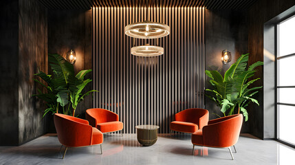Stylish office waiting area with striped wall chandelier. 3D rendering.