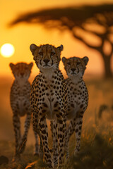 Fototapeta premium Cheetah standing in the savanna with setting sun shining. Group of wild animals in nature.