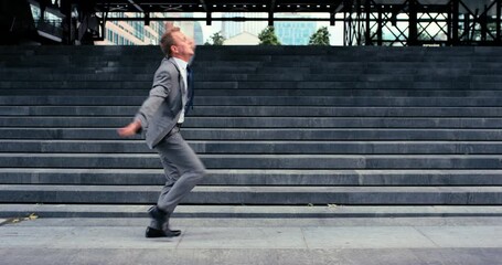 Business man, dancing and stairs for celebration, goals or happy with career achievement. Excited, entrepreneur, and professional for promotion, success and opportunity for profit at job in Cape Town