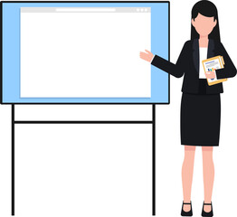 Business woman speaker presenting or teaching pose in front of a projector screen for message, Digital screen presentation by computer.