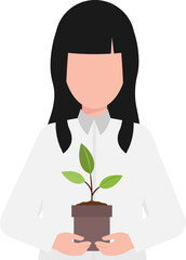 Woman employee holding a plant potted, Holding up a tree plant in two hand, Ecology and sustainable concept.
