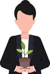 Business woman character in suit holding a tree in hand, Tree planting and care on hands hold up, Ecology with business concept.