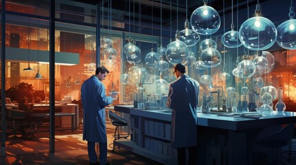 illustration of medical science pharmaceutical research, showcasing a meticulously designed visualization of laboratory settings, experimental setups, and innovative drug development