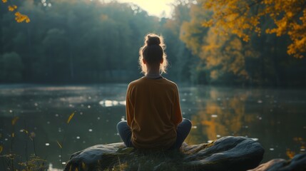 Tranquil Nature Retreat: Woman Meditating by the Lake in Autumnal Serenity