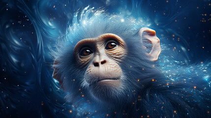 Cosmic Primate A Blue Monkey Amidst the Starry - obrazy, fototapety, plakaty