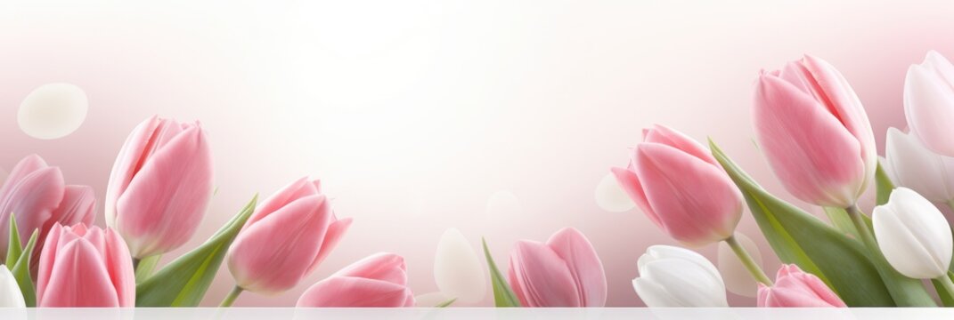 Spring flowers, pink background. Blooming tulips on light. Sunburst and bokeh over a blurred banner, header or billboard. Mother's day, wedding, summer and spring.banner