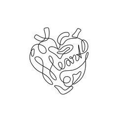 Heart inscription continuous line drawing, tattoo, print for clothes, logo design, one single line on a white background, isolated vector illustration. Hand lettering on Valentine's Day.