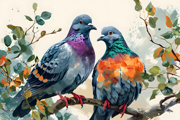 Illustration of a Pair of Pigeons Perched on a Branch