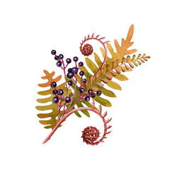Autumn floral decoration with fallen leaves, fern and berries. Watercolor painted illustration. Vintage style autumn elegant decor element in warm colors. Isolated on white background