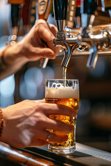 A barman's hands at a beer tap, pouring a draught lager beer in a pub