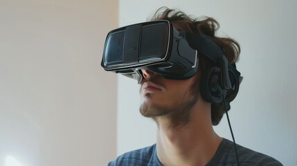 Young man using a virtual reality headset. He is wearing a black t-shirt and has headphones on. The background is a white wall.
