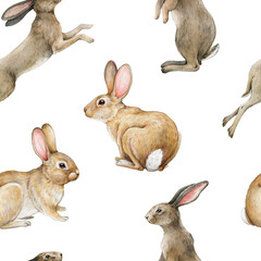 Cute bunnies vintage style seamless pattern. Watercolor illustration. Hand drawn rabbits on white background. Funny small bunnies Easter decoration seamless pattern