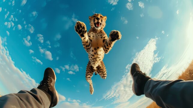 A leopard attacks a man. An animal jumps on a person against the sky. First person view with human legs