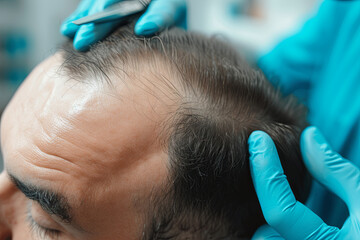 A man with a hairless head during a hair transplant procedure - obrazy, fototapety, plakaty