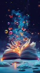 Fantasy and literature concept. 3D style Illustration of magical book with fantasy stories inside it. The concept for World Book Day background with copy space area for text. Happy World book day.  - obrazy, fototapety, plakaty
