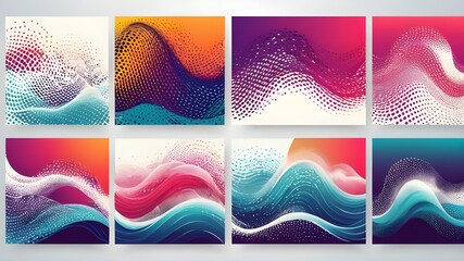 Dotted halftone waves. Abstract liquid shapes, wave effect dotted gradient texture waves isolated vector symbols set. Halftone graphic dots waves