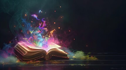 3D style Illustration of magical book with fantasy stories inside it.  Fantasy and literature concept. Happy World book day. The concept for World Book Day background with copy space area for text.
