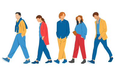 Obraz premium Set of young men and women, different colors, cartoon character, group of silhouettes of walking business people, profile, students, design concept of flat icon, isolated on white background