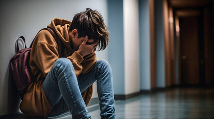 A depressed teenage boy sitting in school corridor and crying. Generative AI - obrazy, fototapety, plakaty
