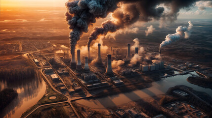 Factory smokestacks release billows of smoke into the atmosphere, Generative AI - obrazy, fototapety, plakaty