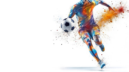 World of soccer with abstract player, white background copy space. Generative AI