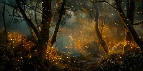 A fabulous night forest strewn with magical lights - obrazy, fototapety, plakaty