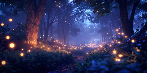 A fabulous night forest strewn with magical lights - obrazy, fototapety, plakaty