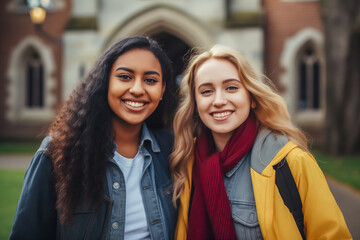 Portrait of two female college student friends on campus