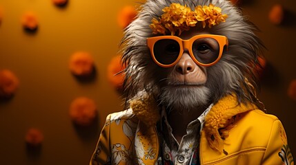 A trendy monkey wears a patterned shirt and accessorizes with colorful sunglasses against a solid yellow background. 