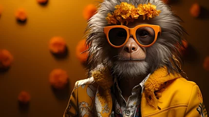 Zelfklevend Fotobehang A trendy monkey wears a patterned shirt and accessorizes with colorful sunglasses against a solid yellow background.  © Noman